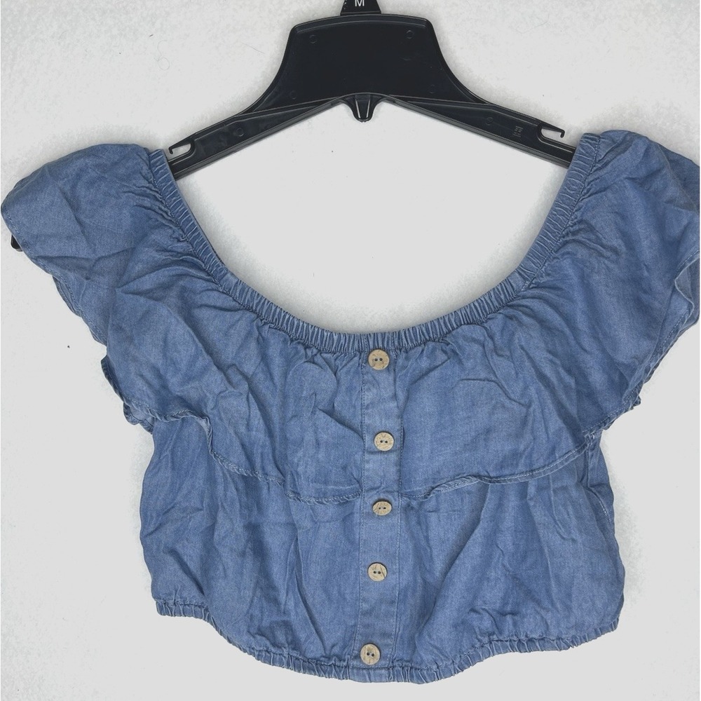 Haute Mende Blue Jean Ruffle Off Shoulder Crop Top Medium Peasant - Picture 4 of 6